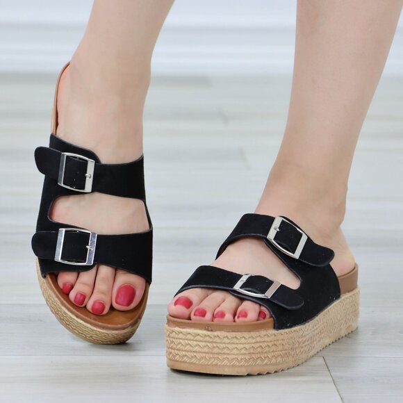 Suede Black Double Straps Comfort Platform Sandal Slip On Sliders - Picture 10 of 12
